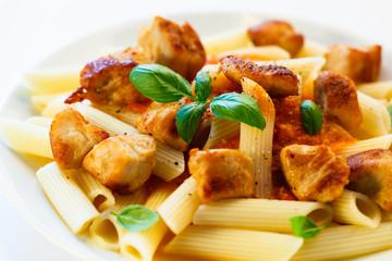 Pasta with roasted chicken and tomato sauce - shallow DOF