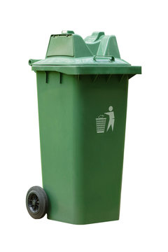 Large outdoor green garbage bin on white background