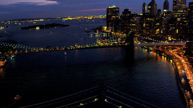 Aerial illuminated view Brooklyn and Manhattan Bridges, New York 