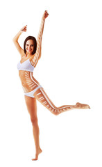 Obraz premium Attractive sporty slim woman with hands up and measuring hologra