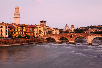 View of Adige River and Saint Peter Bridge in Verona, Veneto, It