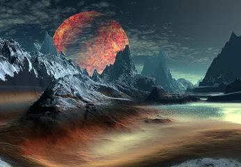 Fototapete 3D gerenderte Fantasy-Landschaft auf einem fremden Planeten © diversepixel