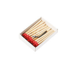 matchbox with one burnt matchstick isolated
