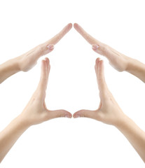 Female hands showing home sign family house concept