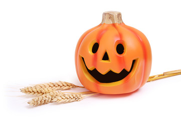 halloween pumpkin and ears of wheat isolated on white