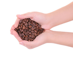 coffee beans in hands isolated on white