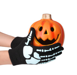 halloween gloves with skeleton print isolated on white