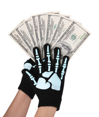 dollars bills in skeleton hands isolated on white, money