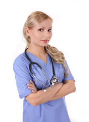 nurse with stethoscope isolated on white