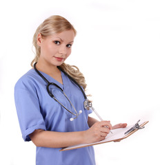 Nurse with stethoscope and clipboard isolated on white
