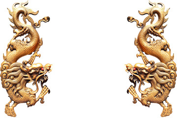 Golden dragon statue on white background