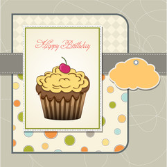 cute happy birthday card with cupcake  vector illustration