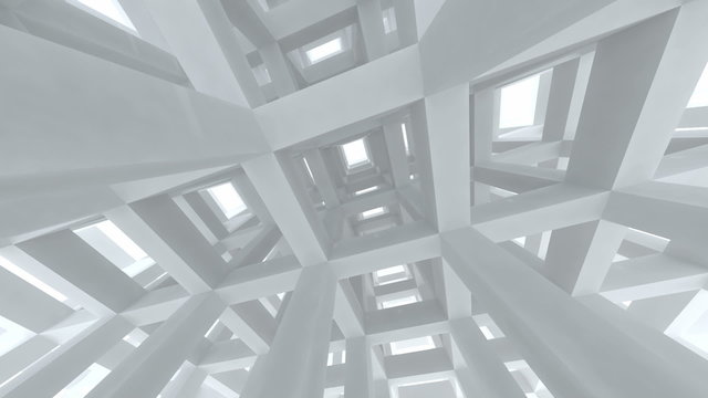 Move down through modern white abstract girder construction