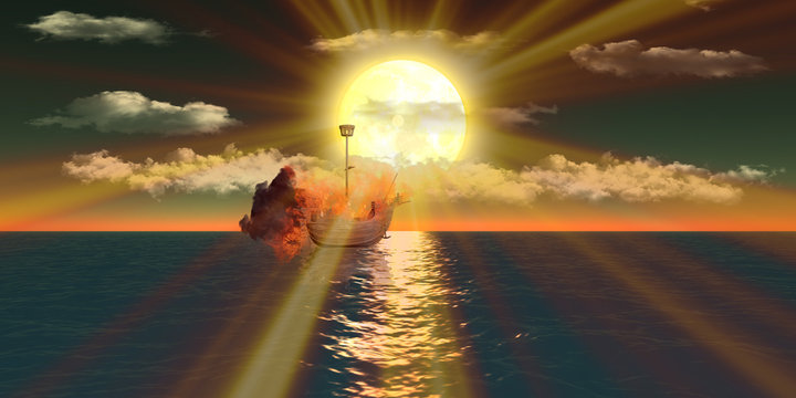 Blazing ship over sea at sunset