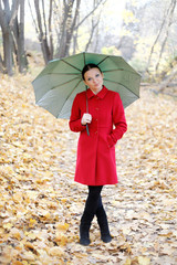 cute girl in the autumn forest with umbrella