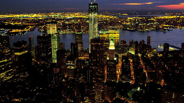 Aerial night view Downtown Manhattan, New York, USA