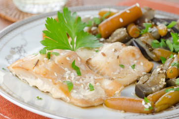 cod in beer marinade with vegetables