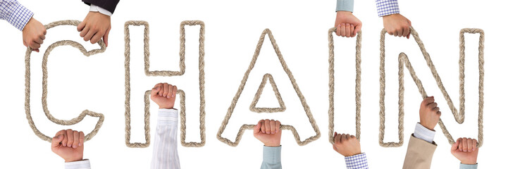 Hands holding letters forming CHAIN tag