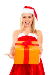 Angry female Santa with Christmas gift