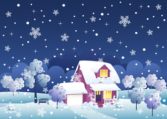 Winter night house