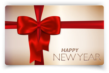Happy New Year card with red bow and red ribbon