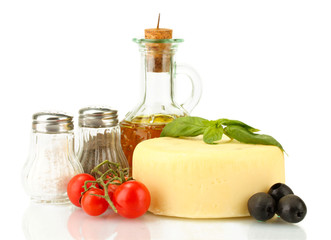 cheese mozzarella with vegetables and herbs isolated on white