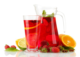sangria in jar and glass with fruits, isolated on white