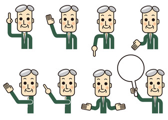 指差し 説明 色々なポーズのシニア男性