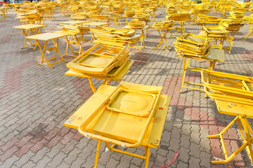 Folding tables and chairs.