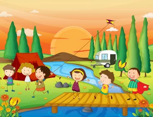 Draagtas een rivier, een bank en kinderen © GraphicsRF