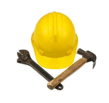 Yellow hardhat with crossed hammer and wrench