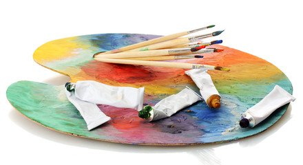 acrylic paint, paint tubes and brushes