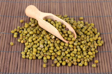 mung beans with scoop on color background