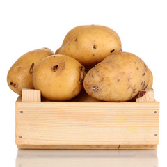 Ripe potatoes on wooden box isolated on white