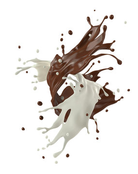 Chocolate with milk splash isolated on white background.
