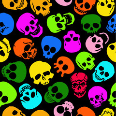 Colorful Skulls seamless pattern in black background