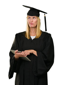 Confused Graduate Woman Holding Digital Tablet