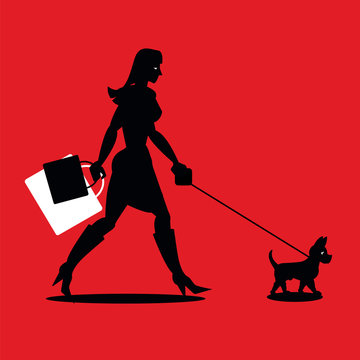 recommend clip art: Junge Frau beim Einkaufen mit kleinem Hund