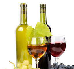 Wine bottle, glass and grapes