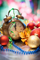 Clock and christmas balls - holiday background