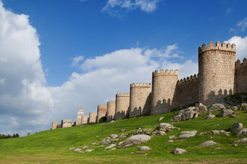 Fototapeta na wymiar city ​​walls of Avila, with a green garden and blue sky