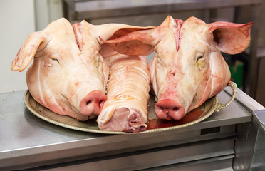 Two pigs heads on tray at butcher shop