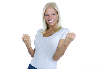 Junge blonde Frau ist absolut begeistert