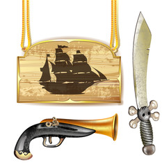 Pirate ship over wood banner with sword and gun