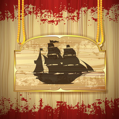 Pirate ship over wood banner