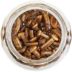 top view on pickled mushrooms in glass jar