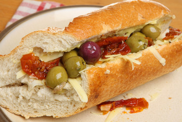 Baguette with Olives, Cheese and Sun Dried Tomatoes
