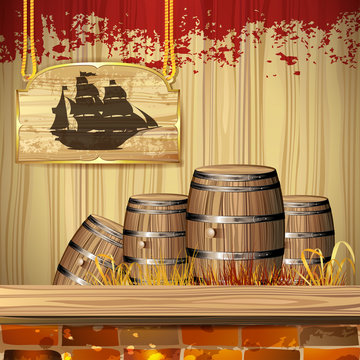 Pirate ship over wood banner and barrels