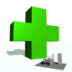 Green cross and hospital room