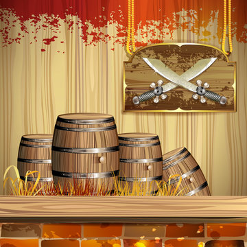 Pirate swords over wood banner and barrels